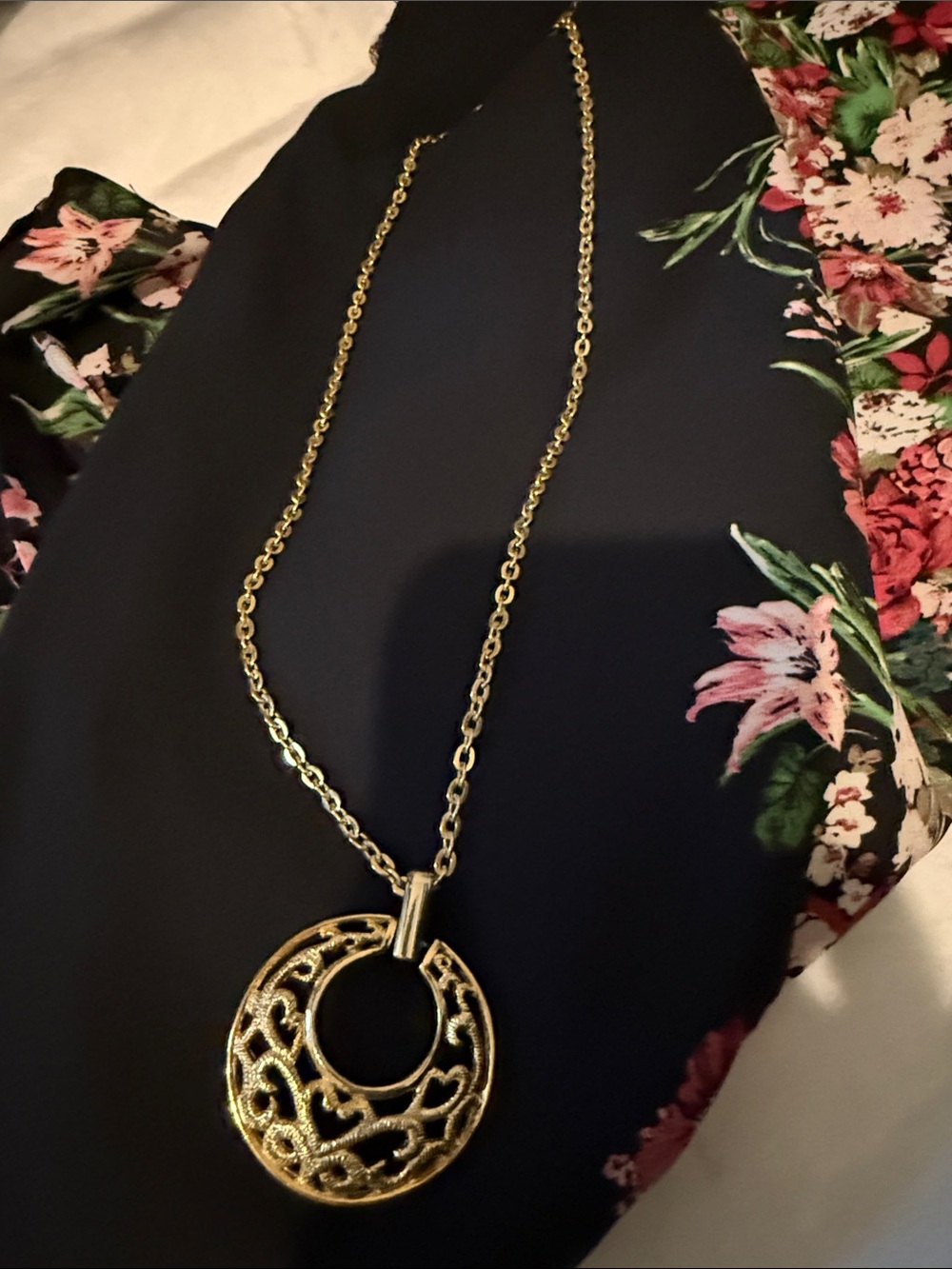 Gold Filigree Round Pendant Necklace with long chain - Women Jewelry